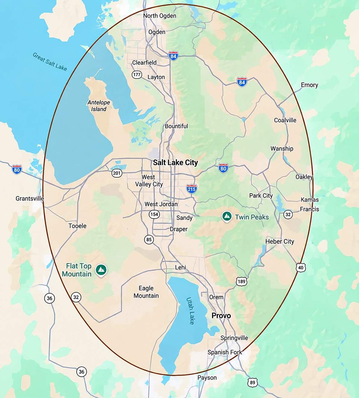 Map showing the Oaxs Construction service area from Ogden through Salt Lake City and Park City to Provo
